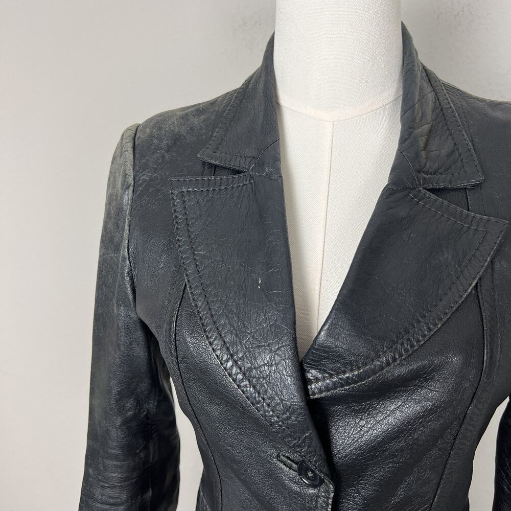 90s vintage black leather distressed faded minimalist grunge button coat jacket - Picture 8 of 9